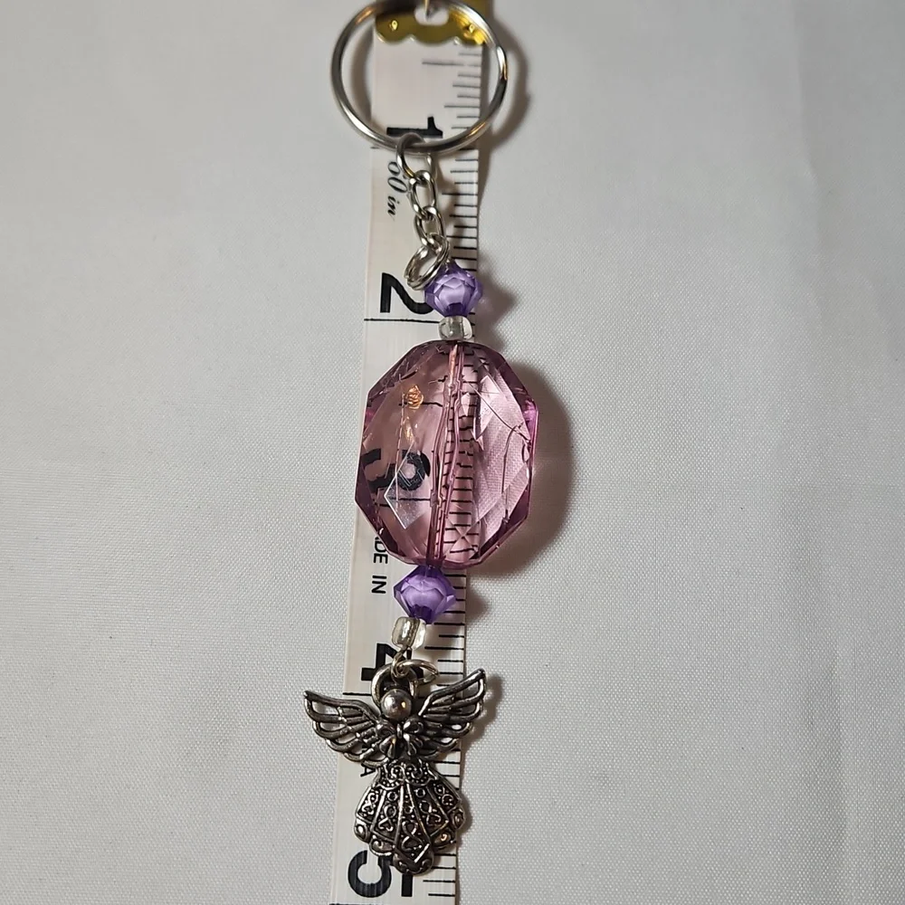 Guardian Silver Angel Crystal Purple Beaded Keychain, Keyring, Handmade